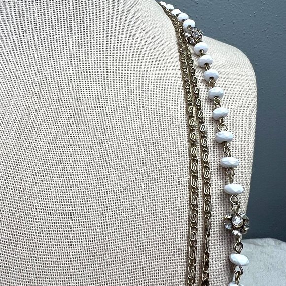 Multi Strand Beaded Necklace Gold Tone White Rhinestones Chain - Picture 4 of 7